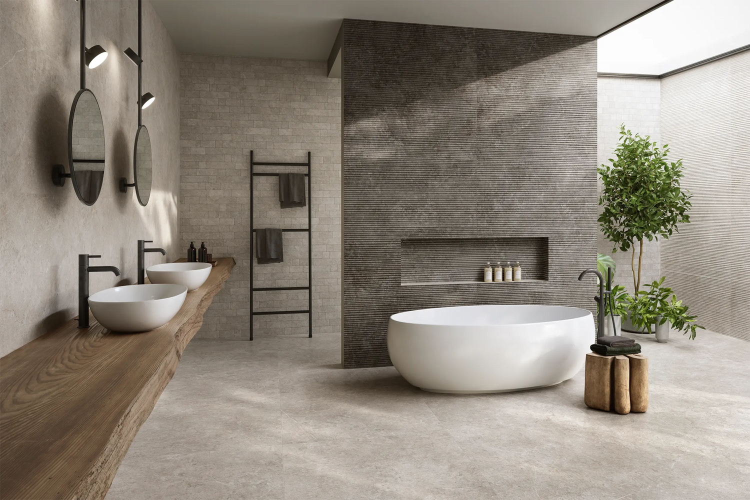 Moderne industriële badkamer – betonlook & natuur - Tegeleend