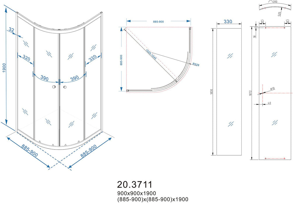 Eco kwartronde cabine met twee schuifdeuren 900 x 900 x 1900 x 5 mm nano helder glas/chroom - Tegeleend