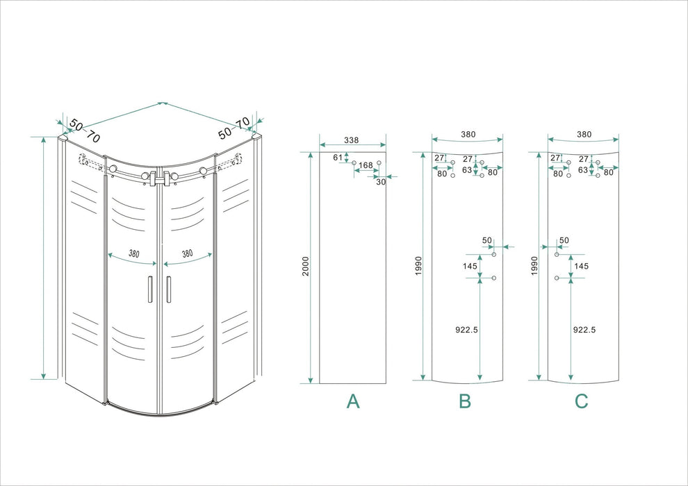 Entra cabine kwartrond met 2 schuifdeuren 900 x 900 x 2000 x 8 mm nano helder glas/chroom - Tegeleend