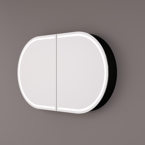 Luxe ovaal rechte spiegelkast in mat zwart met LED baan rondom 120x70x13cm + spiegelverwarming + geaard stopcontact + verstelbare glazen planchetten - Tegeleend