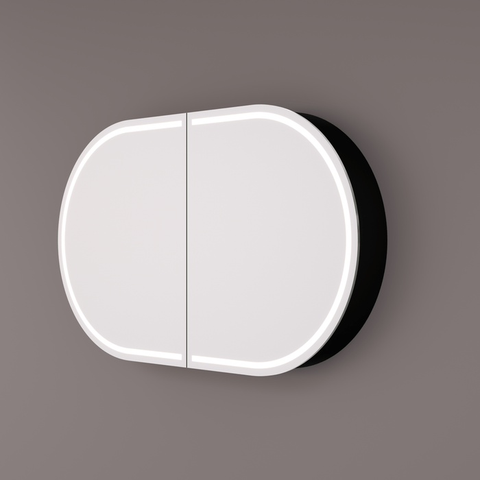 Luxe ovaal rechte spiegelkast in mat zwart met LED baan rondom 120x70x13cm + spiegelverwarming + geaard stopcontact + verstelbare glazen planchetten - Tegeleend