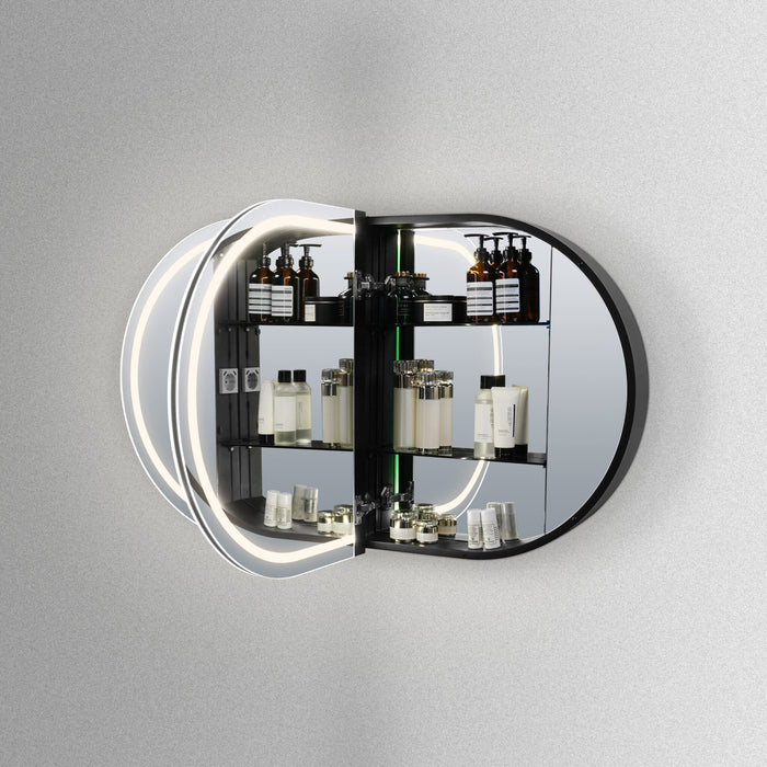 Luxe ovaal rechte spiegelkast in mat zwart met LED baan rondom 120x70x13cm + spiegelverwarming + geaard stopcontact + verstelbare glazen planchetten - Tegeleend