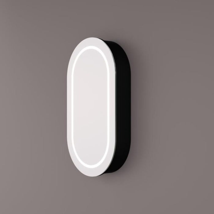 Luxe ovaal rechte spiegelkast in mat zwart met LED baan rondom 45x90x13cm + spiegelverwarming + geaard stopcontact + verstelbare glazen planchetten - Tegeleend