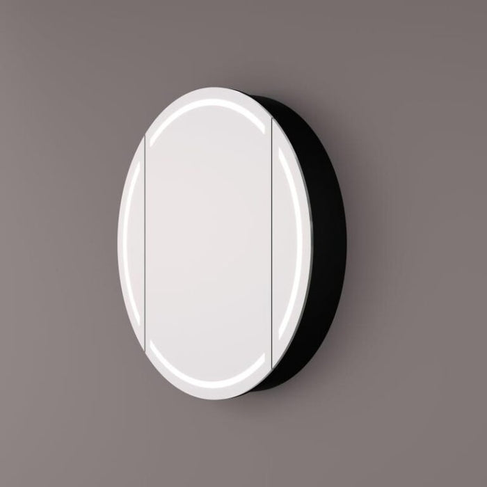 Luxe ronde spiegelkast in mat zwart met LED baan rondom 100x13cm + spiegelverwarming + geaard stopcontact + verstelbare glazen planchetten - Tegeleend