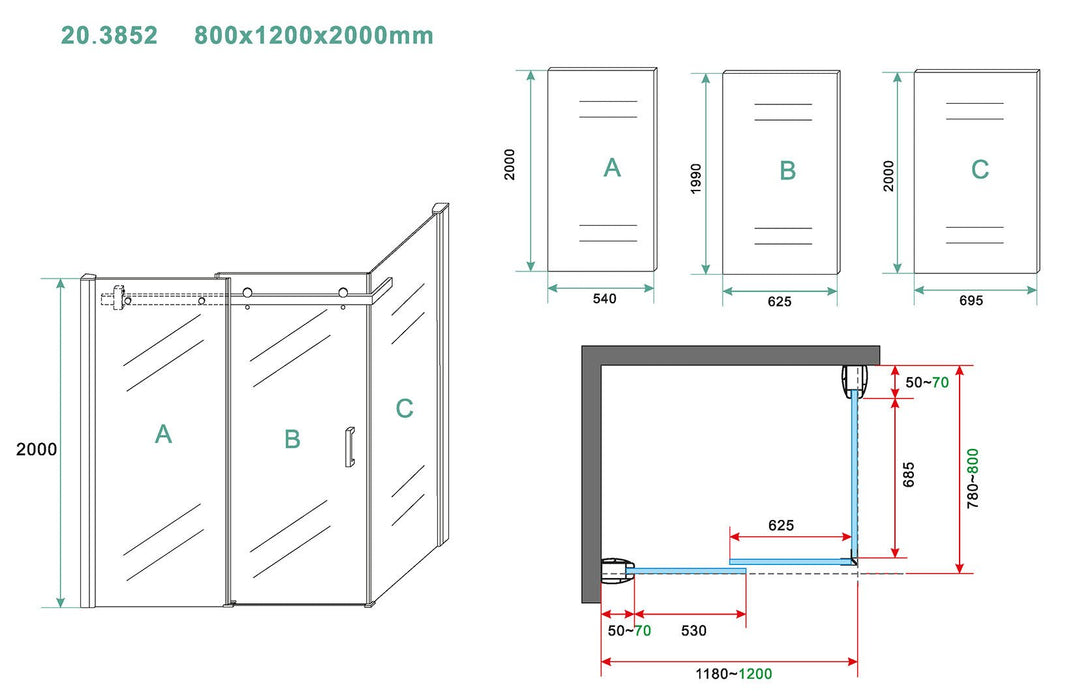 Pared cabine met 1 schuifdeur 1200 x 800 x 2000 x 8 mm nano helder glas/chroom - Tegeleend