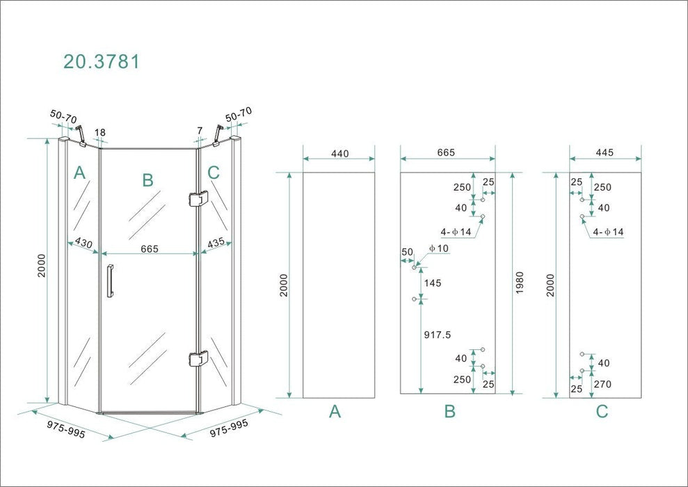 Pento cabine met 1 draaideur 1000 x 1000 x 2000 x 8 mm nano helder glas/chroom - Tegeleend