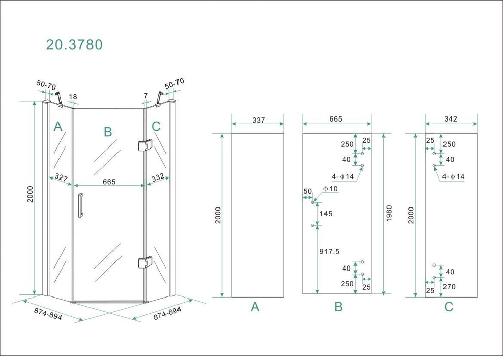Pento cabine met 1 draaideur 900 x 900 x 2000 x 8 mm nano helder glas/chroom - Tegeleend