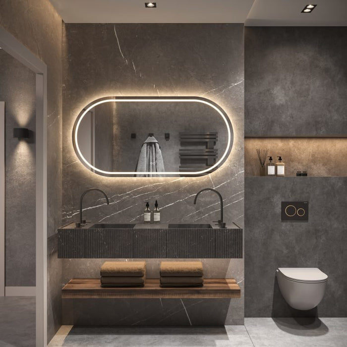 Phantom - ovaal rechte LED spiegel, 140x70 cm met directe en indirecte led rondom + spiegeverwarming, kleurenwissel en touch dimmer - Tegeleend