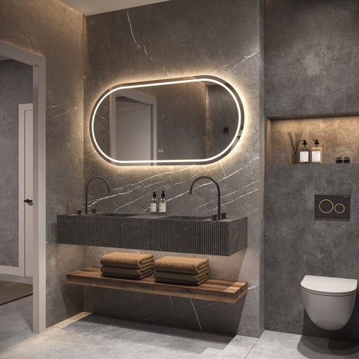 Phantom - ovaal rechte LED spiegel, 140x70 cm met directe en indirecte led rondom + spiegeverwarming, kleurenwissel en touch dimmer - Tegeleend