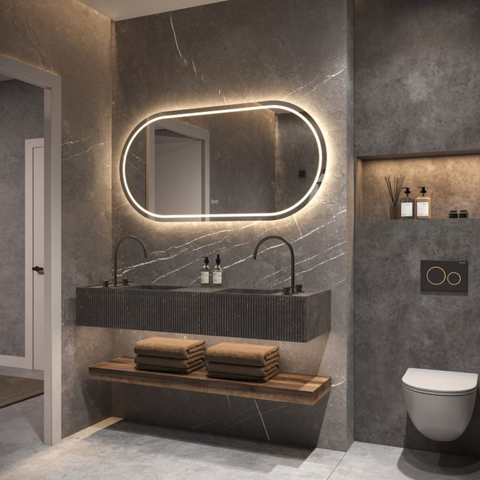 Phantom - ovaal rechte LED spiegel, 140x70 cm met directe en indirecte led rondom + spiegeverwarming, kleurenwissel en touch dimmer - Tegeleend