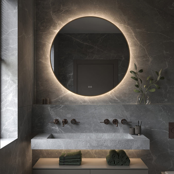 Phantom - ronde LED spiegel op BRONS frame, 100 cm met directe led in frame rand en indirecte led rondom + spiegeverwarming, kleurenwissel en touch dimmer - Tegeleend