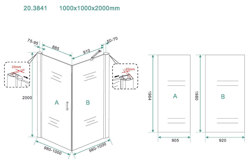 Salone cabine met 1 draaideur 1000 x 1000 x 2000 x 8 mm nano helder glas/chroom - Tegeleend