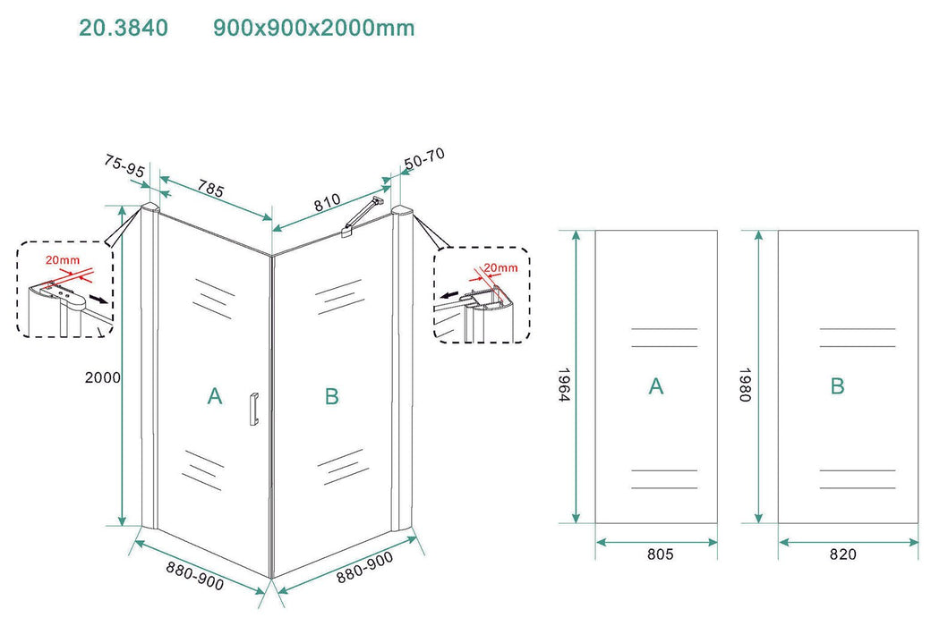 Salone cabine met 1 draaideur 900 x 900 x 2000 x 8 mm nano helder glas/chroom - Tegeleend