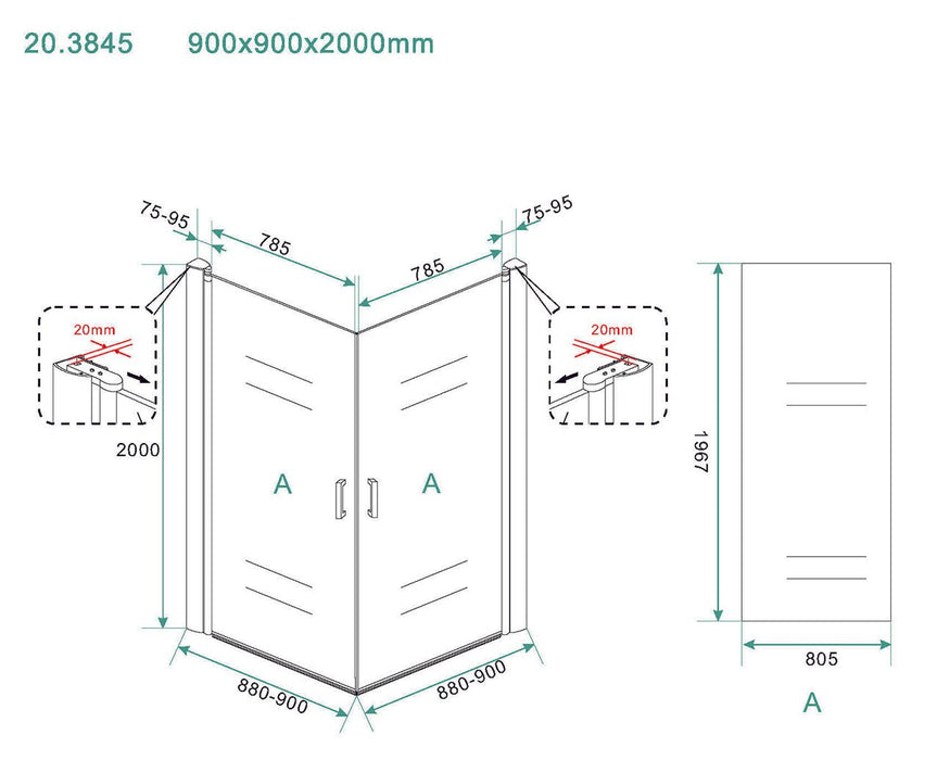 Salone cabine met 2 draaideuren 900 x 900 x 2000 x 8 mm nano helder glas/chroom - Tegeleend