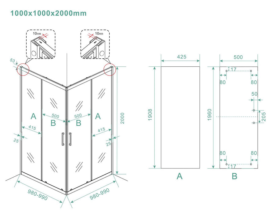 Skyline hoekinstap cabine met 2 schuifdeuren 1000 x 1000 x 2000 x 8 mm nano helder glas/mat zwart - Tegeleend
