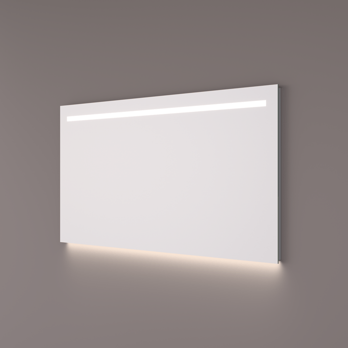 Spiegel basic line recht met horizontale LED baan en indirecte verlichting onder 100x70x3 cm + spiegelverwarming en infrarood sensor dimmer - Tegeleend