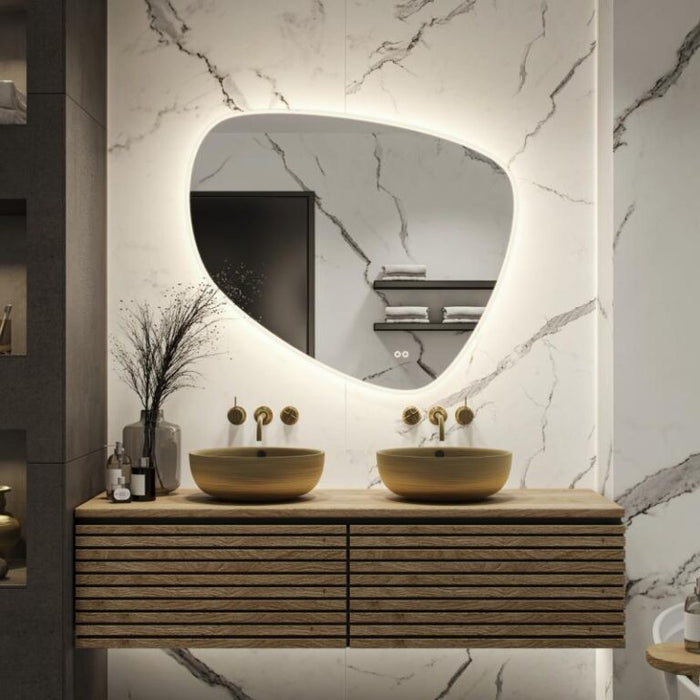 Spiegel organisch met directe en indirecte LED verlichting rondom 120Bx102Hx3cm + spiegelverwarming + kleurenwissel + touch dimmer - Tegeleend