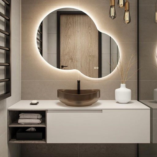 Spiegel organisch rond met indirecte LED verlichting rondom 120Bx102Hx3cm + spiegelverwarming + kleurenwissel + touch dimmer - Tegeleend