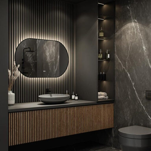 Spiegel ovaal - recht in MAT ZWART met indirecte LED verlichting rondom 160x70x3cm + touch dimmer + spiegelverwarming - Tegeleend