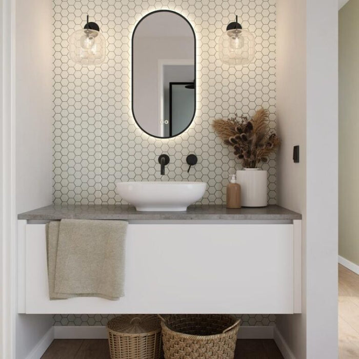 Spiegel ovaal - recht in MAT ZWART met indirecte LED verlichting rondom 45X90x3cm + spiegelverwarming + kleurenwissel + touch dimmer - Tegeleend