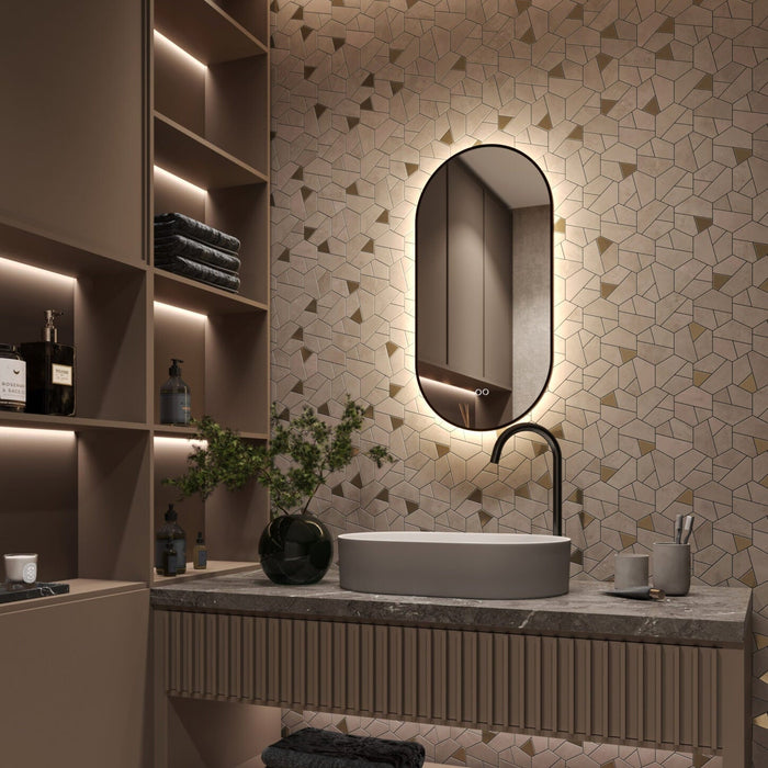 Spiegel ovaal - recht in PVD geborsteld gun metal met indirecte LED verlichting rondom 40x90x3cm + spiegelverwarming + kleurenwissel + touch dimmer - Tegeleend