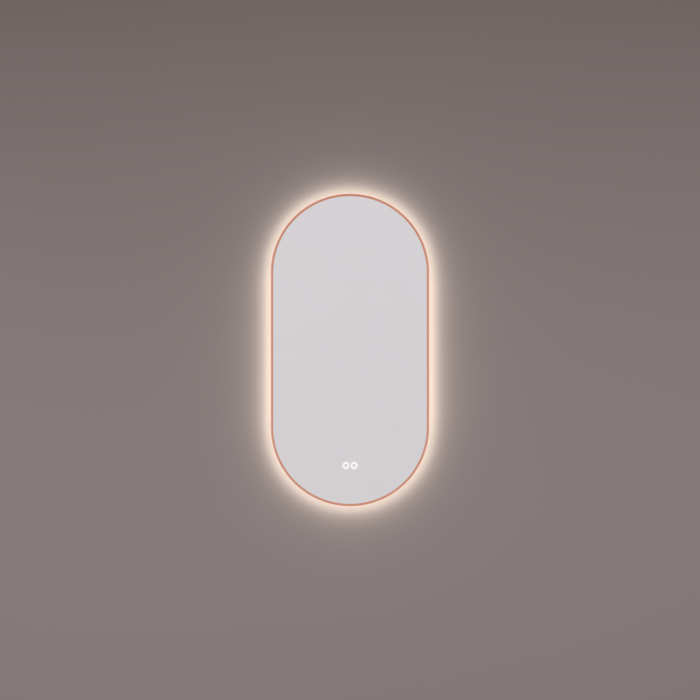 Spiegel ovaal - recht in PVD geborsteld koper met indirecte LED verlichting rondom 40x90x3cm + spiegelverwarming + kleurenwissel + touch dimmer - Tegeleend
