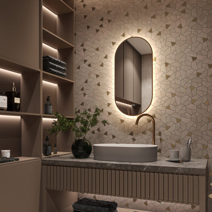 Spiegel ovaal - recht in PVD geborsteld koper met indirecte LED verlichting rondom 40x90x3cm + spiegelverwarming + kleurenwissel + touch dimmer - Tegeleend