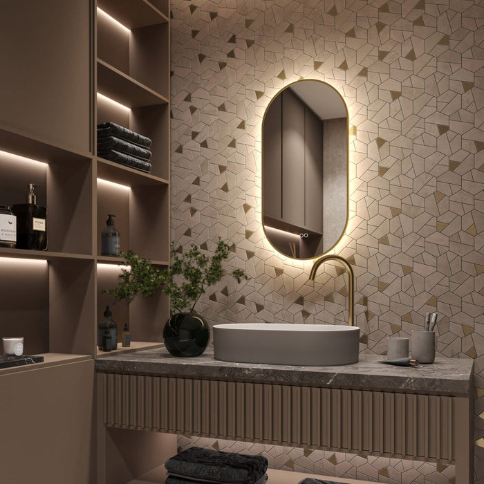 Spiegel ovaal - recht in PVD geborsteld messing met indirecte LED verlichting rondom 40x90x3cm + spiegelverwarming + kleurenwissel + touch dimmer - Tegeleend