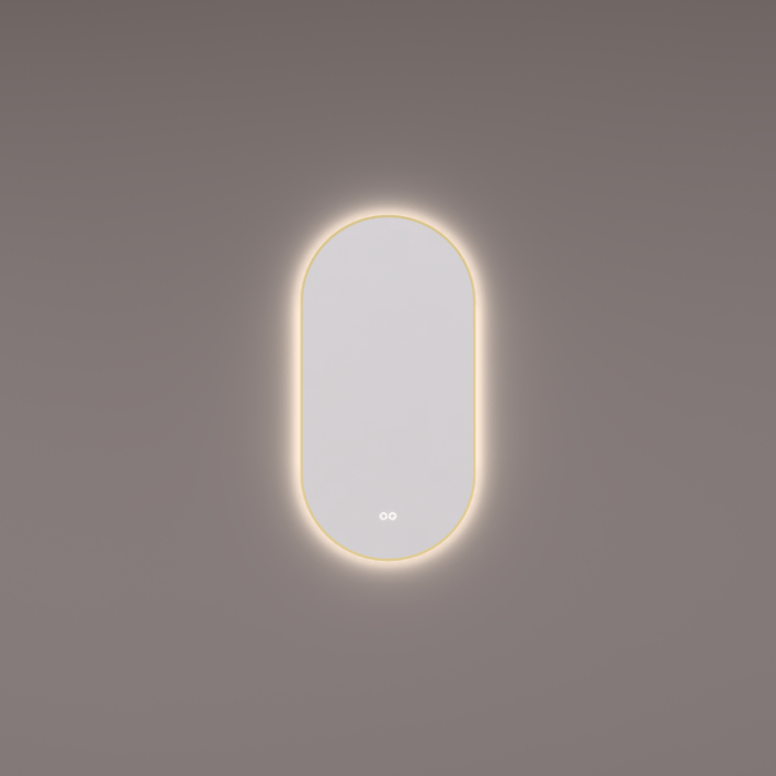 Spiegel ovaal - recht in PVD geborsteld messing met indirecte LED verlichting rondom 40x90x3cm + spiegelverwarming + kleurenwissel + touch dimmer - Tegeleend