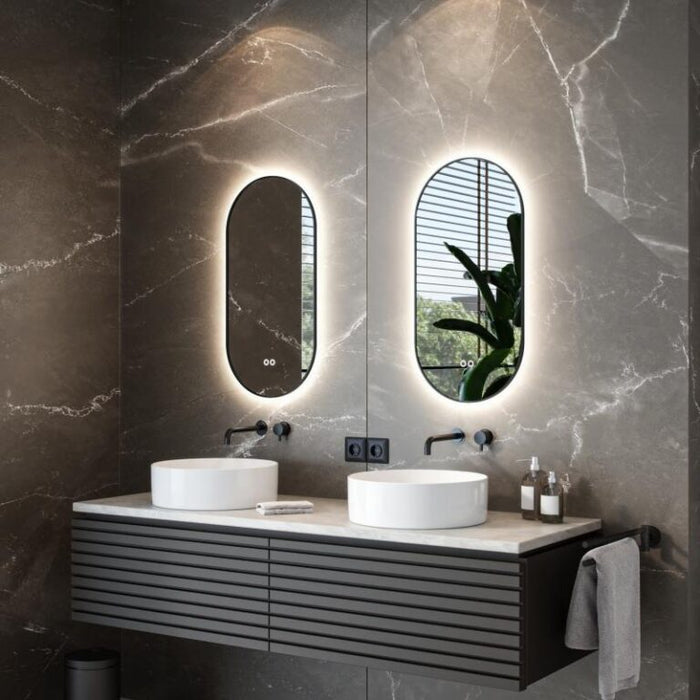 Spiegel ovaal - recht met indirecte LED verlichting rondom 50x100x3cm + spiegelverwarming + kleurenwissel + touch dimmer - Tegeleend