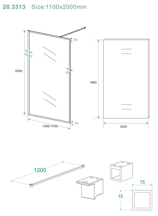 Square inloopdouche 1100 x 2000 x 10 mm nano helder glas/mat zwart - Tegeleend
