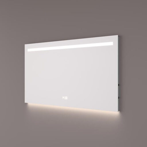 Voorraad spiegel met horizontale LED baan en indirecte verlichting onder 140x70x3cm + digitale klok + spiegelverwarming - Tegeleend